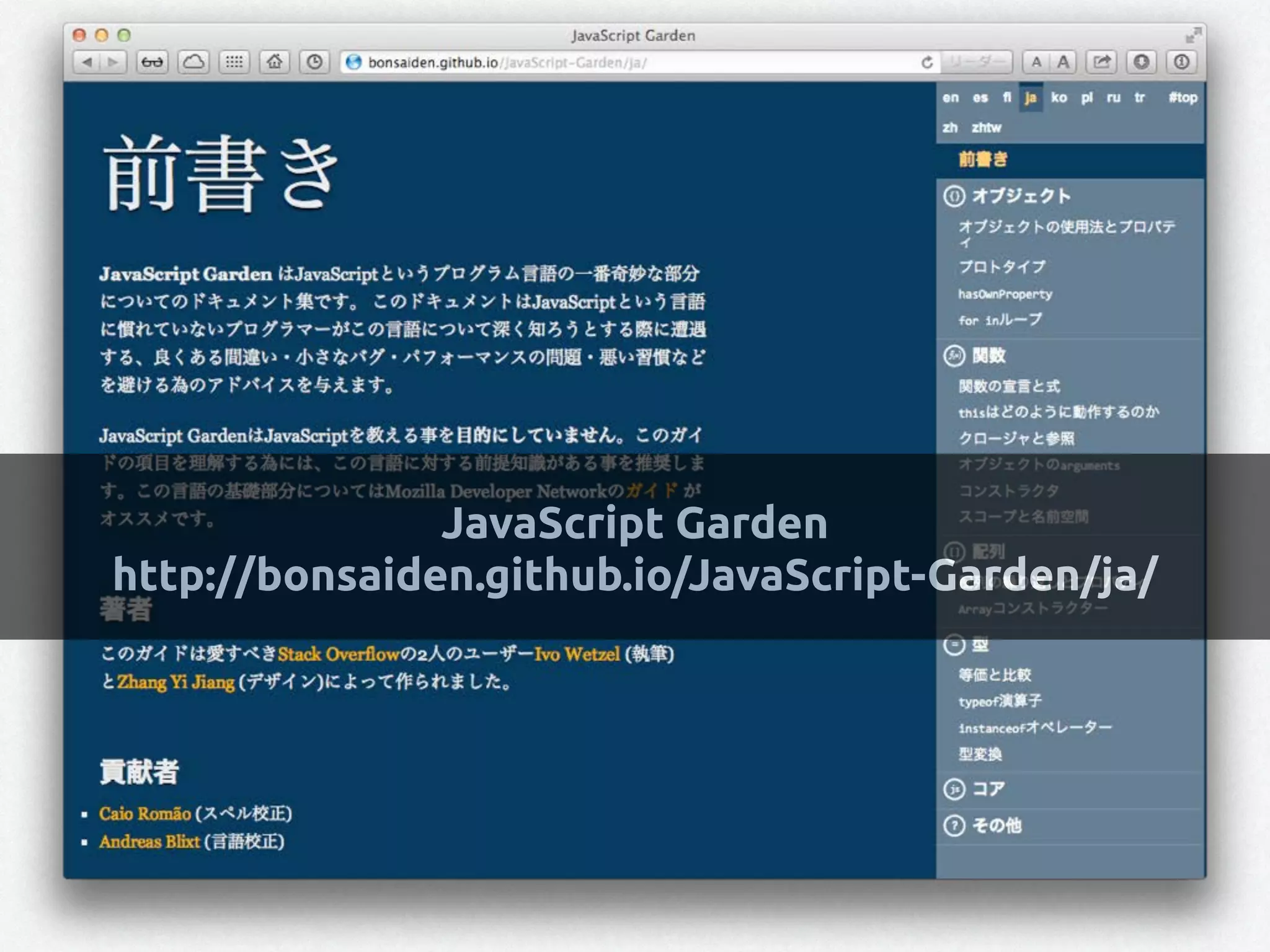 JavaScript Garden
http://bonsaiden.github.io/JavaScript-Garden/ja/
 