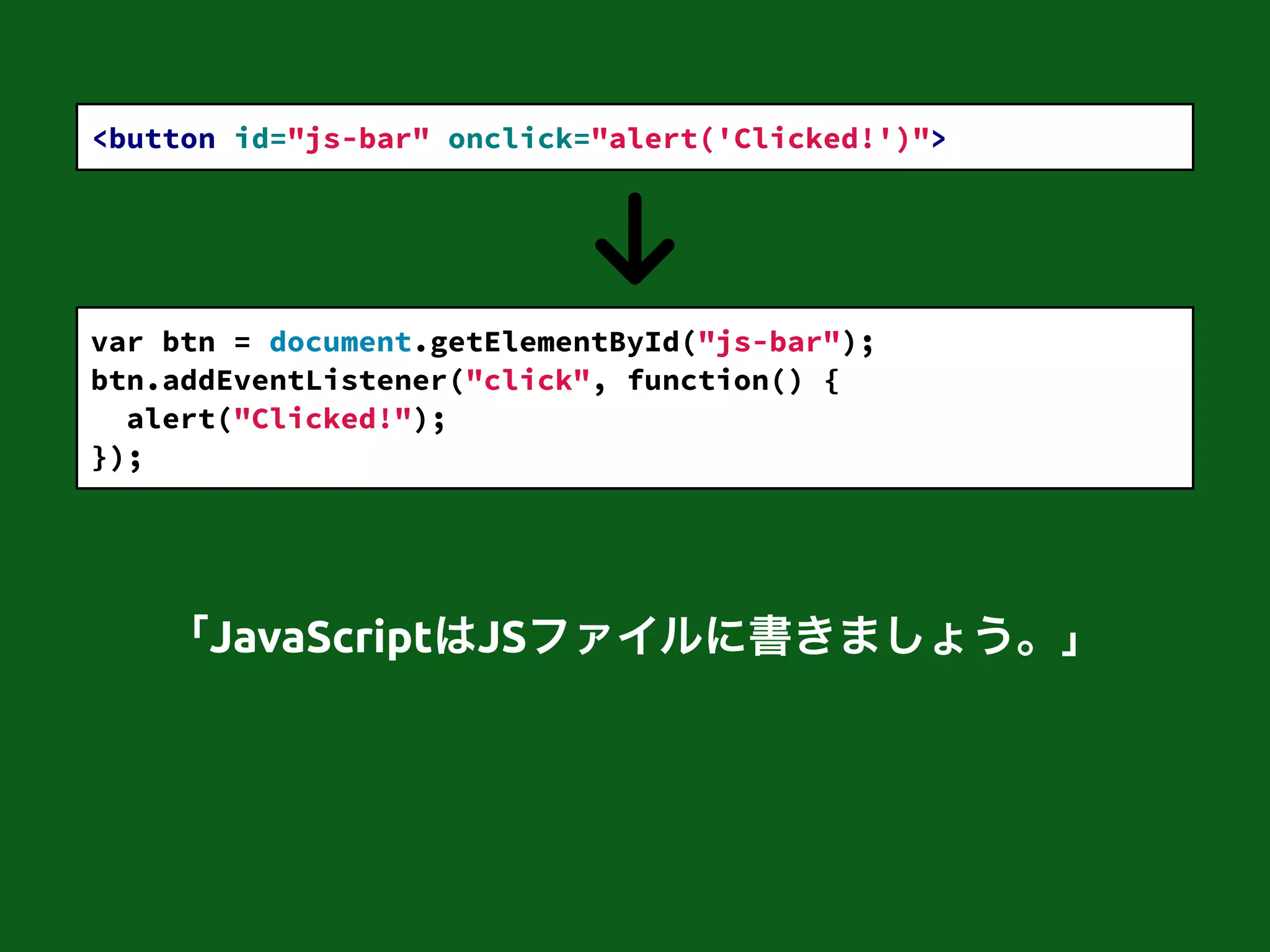 <button id="js-bar" onclick="alert('Clicked!')">
var btn = document.getElementById("js-bar");
btn.addEventListener("click", function() {
alert("Clicked!");
});
「JavaScriptはJSファイルに書きましょう。」
 