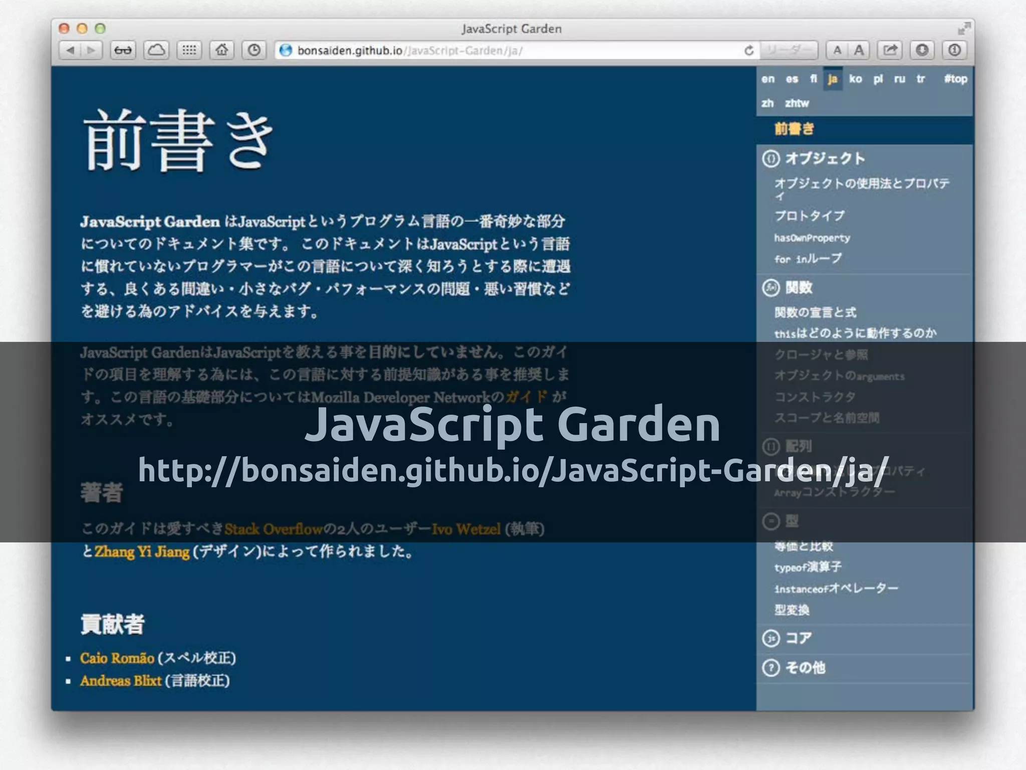 JavaScript Garden
http://bonsaiden.github.io/JavaScript-Garden/ja/
 