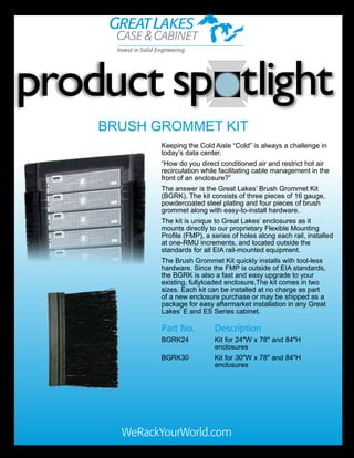 product sp tlight
Brush Grommet KIT
WeRackYourWorld.com
Keeping the Cold Aisle “Cold” is always a challenge in
today’s data center.
“How do you direct conditioned air and restrict hot air
recirculation while facilitating cable management in the
front of an enclosure?”
The answer is the Great Lakes’ Brush Grommet Kit
(BGRK). The kit consists of three pieces of 16 gauge,
powdercoated steel plating and four pieces of brush
grommet along with easy-to-install hardware.
The kit is unique to Great Lakes’ enclosures as it
mounts directly to our proprietary Flexible Mounting
Profile (FMP), a series of holes along each rail, installed
at one-RMU increments, and located outside the
standards for all EIA rail-mounted equipment.
The Brush Grommet Kit quickly installs with tool-less
hardware. Since the FMP is outside of EIA standards,
the BGRK is also a fast and easy upgrade to your
existing, fullyloaded enclosure.The kit comes in two
sizes. Each kit can be installed at no charge as part
of a new enclosure purchase or may be shipped as a
package for easy aftermarket installation in any Great
Lakes’ E and ES Series cabinet.
Part No.	 Description
BGRK24	 Kit for 24"W x 78" and 84"H 	
	enclosures
BGRK30	 Kit for 30"W x 78" and 84"H 	
	enclosures
 