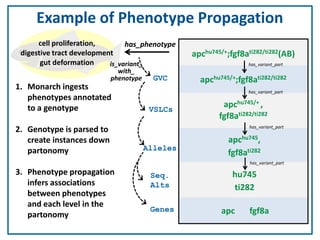 Example of Phenotype Propagation
1. Monarch ingests
phenotypes annotated
to a genotype
2. Genotype is parsed to
create ins...