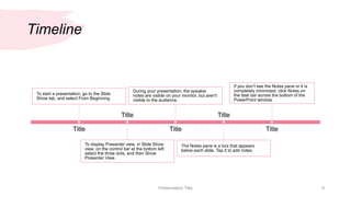 Timeline
Presentation Title 9
To start a presentation, go to the Slide
Show tab, and select From Beginning.
Title
To displ...