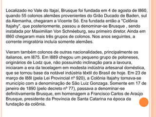Localizado no Vale do Itajaí, Brusque foi fundada em 4 de agosto de l860,
quando 55 colonos alemães provenientes do Grão Ducado de Baden, sul
da Alemanha, chegaram a Vicente Só. Era fundada então a "Colônia
Itajahy", que posteriormente, passou a denominar-se Brusque , sendo
instalada por Maximilian Von Schnéeburg, seu primeiro diretor. Ainda em
l860 chegaram mais três grupos de colonos. Nos anos seguintes, a
corrente imigratória incluía somente alemães.
Vieram também colonos de outras nacionalidades, principalmente os
italianos, em l875. Em l889 chegou um pequeno grupo de poloneses,
originários de Lodz que, não possuindo inclinação para a lavoura,
iniciaram a era da tecelagem em modesta indústria artesanal doméstica,
que se tornou base da notável indústria têxtil do Brasil de hoje. Em 23 de
março de l88l (pela Lei Provincial nº 920), a Colônia Itajahy tornava-se
município com a denominação de São Luiz Gonzaga. Somente em 17 de
janeiro de 1890 (pelo decreto nº 77), passava a denominar-se
definitivamente Brusque, em homenagem a Francisco Carlos de Araújo
Brusque, presidente da Província de Santa Catarina na época da
fundação da colônia.
 