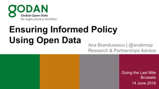 Going the Last Mile
Brussels
14 June 2016
Ana Brandusescu | @anabmap
Research & Partnerships Advisor
Ensuring Informed Policy
Using Open Data
 