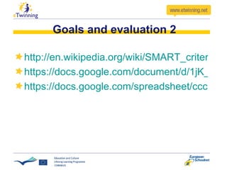 Goals and evaluation 2 http://en.wikipedia.org/wiki/SMART_criteria https://docs.google.com/document/d/1jK_Zh4diJkrcxZsVDyjxIXXw1DeannbHmzx1xJ-nBUE/edit?hl=en_US# https://docs.google.com/spreadsheet/ccc?key=0Ak48lni8s7UNdEhsYnRVbE1fa3U0Rk9mRkpVb3BLRVE&hl=en_US#gid=0 