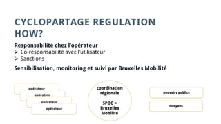 CYCLOPARTAGE REGULATION
HOW?
Responsabilité chez l’opérateur
 Co-responsabilité avec l’utilisateur
 Sanctions
Sensibilisation, monitoring et suivi par Bruxelles Mobilité
coordination
régionale
SPOC =
Bruxelles
Mobilité
citoyens
pouvoirs publics
opérateur
opérateur
opérateur
opérateur
 