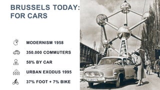 MODERNISM 1958
350.000 COMMUTERS
50% BY CAR
URBAN EXODUS 1995
37% FOOT + 7% BIKE
BRUSSELS TODAY:
FOR CARS
 