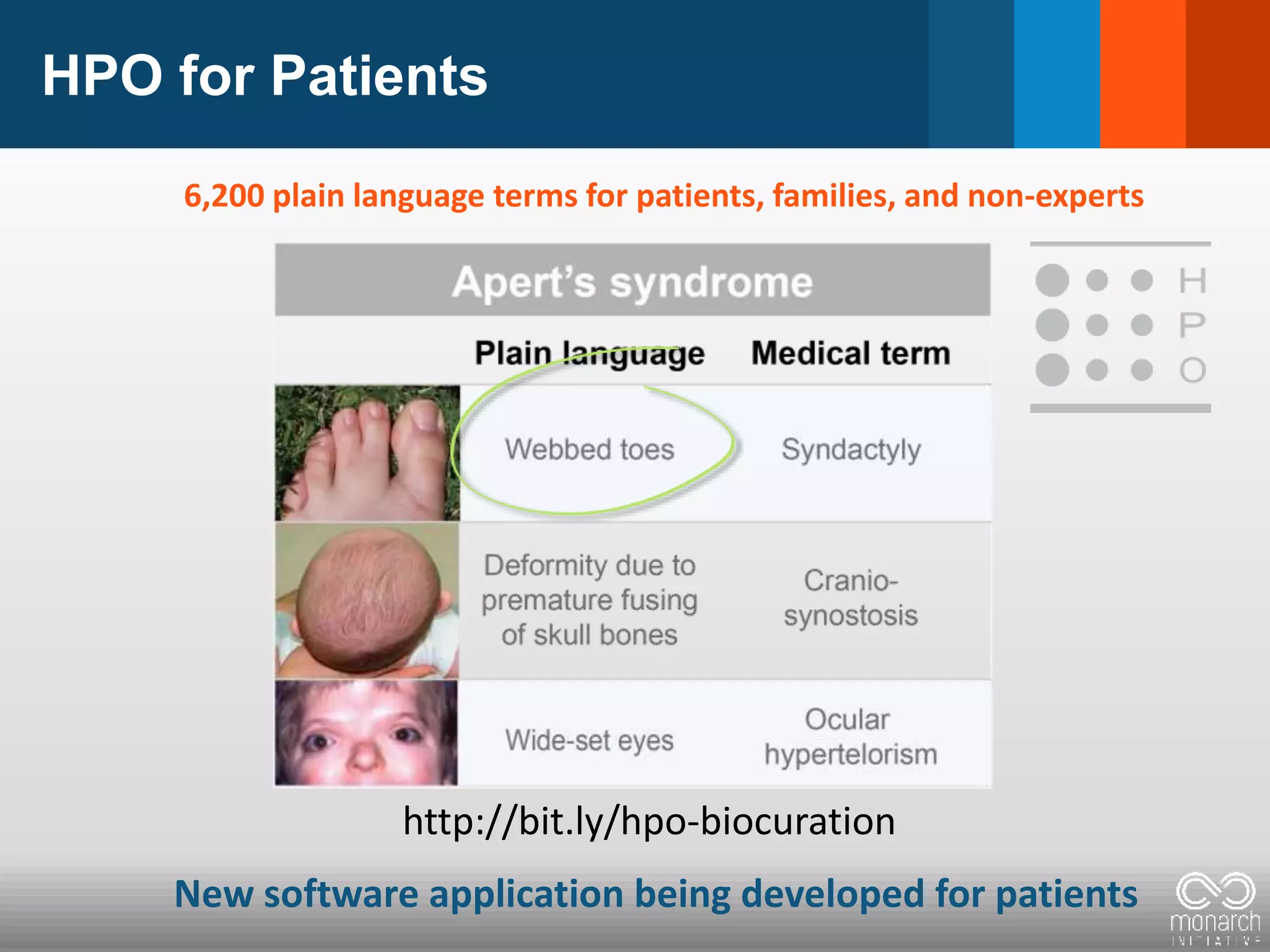 HPO for Patients
http://bit.ly/hpo-biocuration
6,200 plain language terms for patients, families, and non-experts
New software application being developed for patients
 