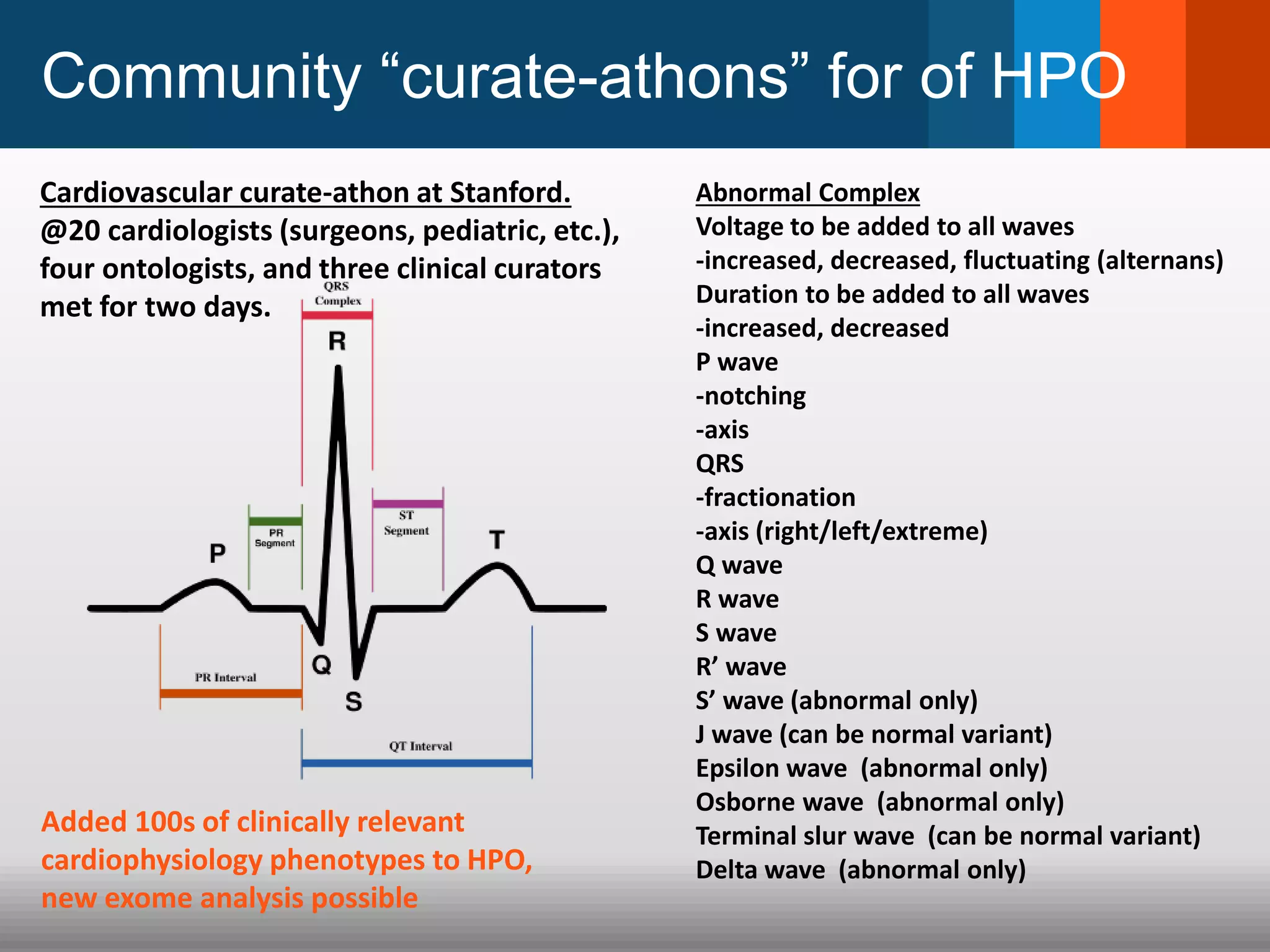 Community “curate-athons” for of HPO
Cardiovascular curate-athon at Stanford.
@20 cardiologists (surgeons, pediatric, etc.),
four ontologists, and three clinical curators
met for two days.
Abnormal Complex
Voltage to be added to all waves
-increased, decreased, fluctuating (alternans)
Duration to be added to all waves
-increased, decreased
P wave
-notching
-axis
QRS
-fractionation
-axis (right/left/extreme)
Q wave
R wave
S wave
R’ wave
S’ wave (abnormal only)
J wave (can be normal variant)
Epsilon wave (abnormal only)
Osborne wave (abnormal only)
Terminal slur wave (can be normal variant)
Delta wave (abnormal only)
Added 100s of clinically relevant
cardiophysiology phenotypes to HPO,
new exome analysis possible
 