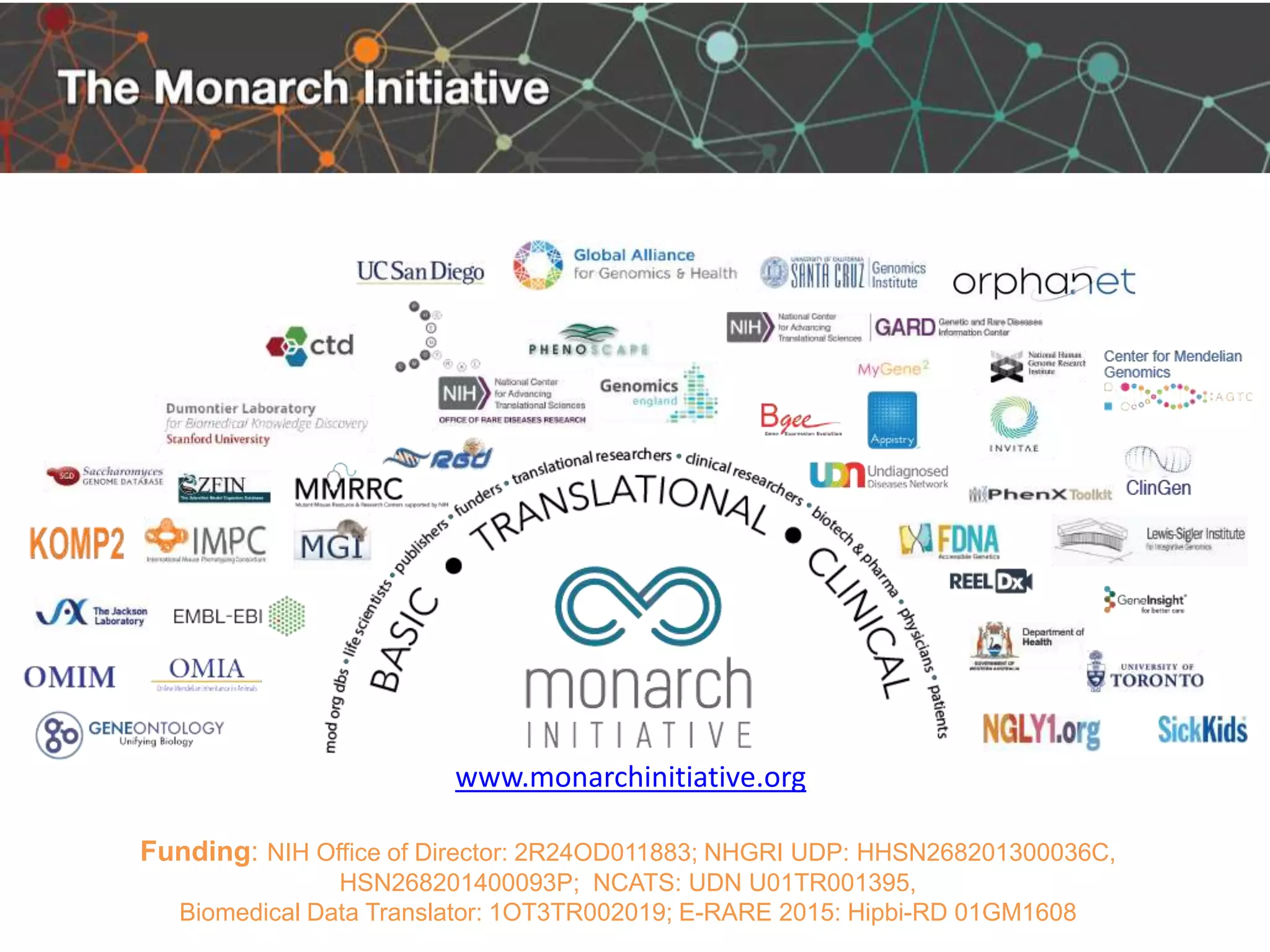 www.monarchinitiative.org
Funding: NIH Office of Director: 2R24OD011883; NHGRI UDP: HHSN268201300036C,
HSN268201400093P; NCATS: UDN U01TR001395,
Biomedical Data Translator: 1OT3TR002019; E-RARE 2015: Hipbi-RD 01GM1608
 