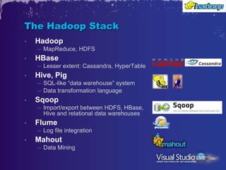 The Hadoop Stack
•   Hadoop
    – MapReduce, HDFS
•   HBase
    – Lesser extent: Cassandra, HyperTable
•   Hive, Pig
    – SQL-like “data warehouse” system
    – Data transformation language
•   Sqoop
    – Import/export between HDFS, HBase,
      Hive and relational data warehouses
•   Flume
    – Log file integration
•   Mahout
    – Data Mining
 