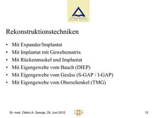 Rekonstruktionstechniken
•    Mit Expander/Implantat
•    Mit Implantat mit Gewebematrix
•    Mit Rückenmuskel und Implantat
•    Mit Eigengewebe vom Bauch (DIEP)
•    Mit Eigengewebe vom Gesäss (S-GAP / I-GAP)
•    Mit Eigengewebe vom Oberschenkel (TMG)




    Dr. med. Cédric A. George, 29. Juni 2012      12
 