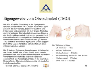 Eigengewebe vom Oberschenkel (TMG)
Die wohl aktuellste Entwicklung in der Eigengewebs-
rekonstruktion stellt der TMG-Lappen, auch TUG-Lappen
genannt, dar. Ein Gewebe, bestehend aus Haut- und
Fettgewebe, wird zusammen mit dem Grazilis-Muskel aus
der Innenseite des Oberschenkels entnommen. Dabei wird
das längliche Gewebestück in einem Konus gedreht und
daraus eine Brustform nachgebildet. Das Fettgewebe ist
feiner strukturiert als beim S-GAP und sehr gut formbar.
TMG steht fuer „transverser myokutaner Grazilis-Lappen“.
Beim TMG-Lappen handelt es sich ebenfalls um einen
mikrochirurgischen Lappen.                                    Das Wichtigste in Kürze:
                                                              -   OP-Dauer: ca. 4 –5 Std.
Die Gründe zur Entnahme dieses Lappens sind dieselben         -   Narkose: Vollnarkose
wie für den S-GAP oder I-GAP. Kommt hinzu, dass in            -   Klinikaufenthalt: 4 – 5 Nächte
gewissen Fällen nicht ausreichend Gewebe im Po-Bereich        -   Nachbehandlung: Spezial-BH für 4 Wochen
vorhanden oder eine Narbe an dieser Stelle nicht
erwünscht ist. Die Narbe liegt versteckt in der natürlichen   -   Erholung: nach 4 – 5 Wochen
Beugefalte des Oberschenkels innenseitig, mit Ausläufern      -   Sport: Nach 6 – 8 Wochen
in die Infraglutealfalte.
   Dr. med. Cédric A. George, 29. Juni 2012                                                          18
 