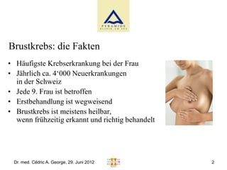 Brustkrebs: die Fakten
• Häufigste Krebserkrankung bei der Frau
• Jährlich ca. 4‘000 Neuerkrankungen
  in der Schweiz
• Jede 9. Frau ist betroffen
• Erstbehandlung ist wegweisend
• Brustkrebs ist meistens heilbar,
  wenn frühzeitig erkannt und richtig behandelt




 Dr. med. Cédric A. George, 29. Juni 2012         2
 