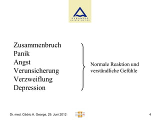 Zusammenbruch
  Panik
  Angst                                    Normale Reaktion und
  Verunsicherung                           verständliche Gefühle
  Verzweiflung
  Depression


Dr. med. Cédric A. George, 29. Juni 2012                           4
 