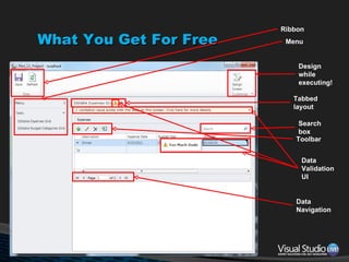 What You Get For Free Ribbon Menu Tabbed layout Toolbar Search box Data Navigation Design while executing! Data Validation UI 