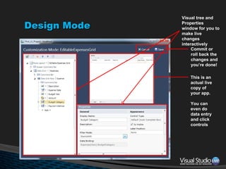 Design Mode Commit or  roll back the  changes and you’re done! This is an actual live copy of your app. You can even do data entry and click controls Visual tree and Properties window for you to make live changes interactively 