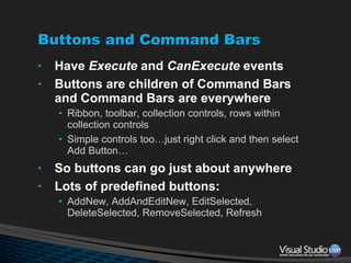 Buttons and Command Bars Have  Execute  and  CanExecute  events Buttons are children of Command Bars and Command Bars are everywhere Ribbon, toolbar, collection controls, rows within collection controls Simple controls too…just right click and then select Add Button… So buttons can go just about anywhere Lots of predefined buttons: AddNew, AddAndEditNew, EditSelected, DeleteSelected, RemoveSelected, Refresh 