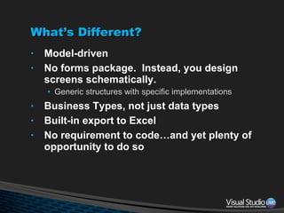 What’s Different? Model-driven No forms package.  Instead, you design screens schematically. Generic structures with specific implementations Business Types, not just data types Built-in export to Excel No requirement to code…and yet plenty of opportunity to do so 