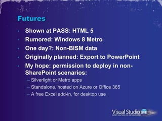 Futures
•   Shown at PASS: HTML 5
•   Rumored: Windows 8 Metro
•   One day?: Non-BISM data
•   Originally planned: Export to PowerPoint
•   My hope: permission to deploy in non-
    SharePoint scenarios:
    – Silverlight or Metro apps
    – Standalone, hosted on Azure or Office 365
    – A free Excel add-in, for desktop use
 