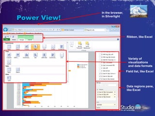 In the browser,

Power View!   in Silverlight




                                Ribbon, like Excel




                                 Variety of
                                 visualizations
                                 and data formats
                                Field list, like Excel



                                Data regions pane,
                                like Excel
 
