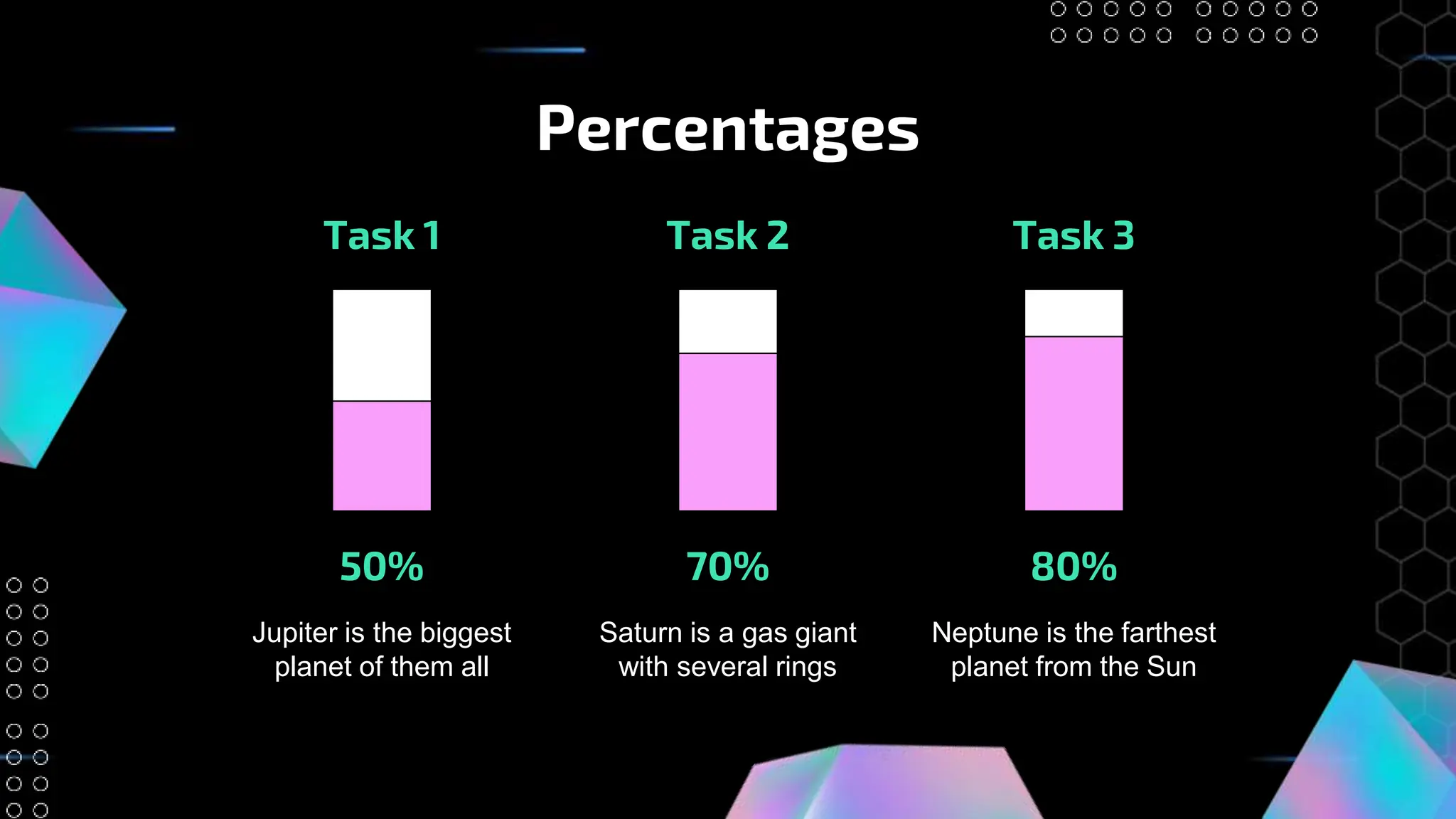 Percentages
Neptune is the farthest
planet from the Sun
Task 3
Task 1
Jupiter is the biggest
planet of them all
Task 2
Saturn is a gas giant
with several rings
80%
50% 70%
 