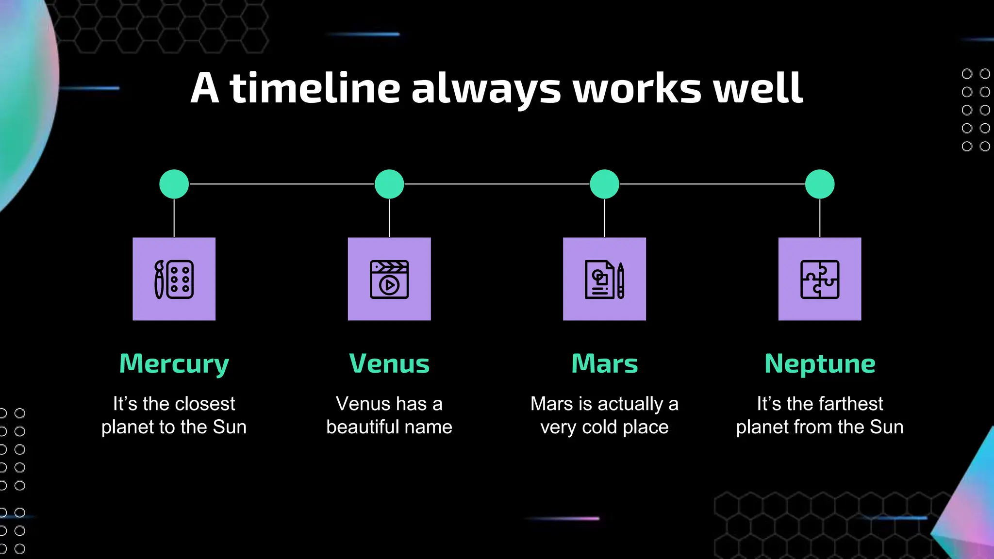 A timeline always works well
Mars is actually a
very cold place
It’s the farthest
planet from the Sun
Mars Neptune
Mercury
It’s the closest
planet to the Sun
Venus
Venus has a
beautiful name
 