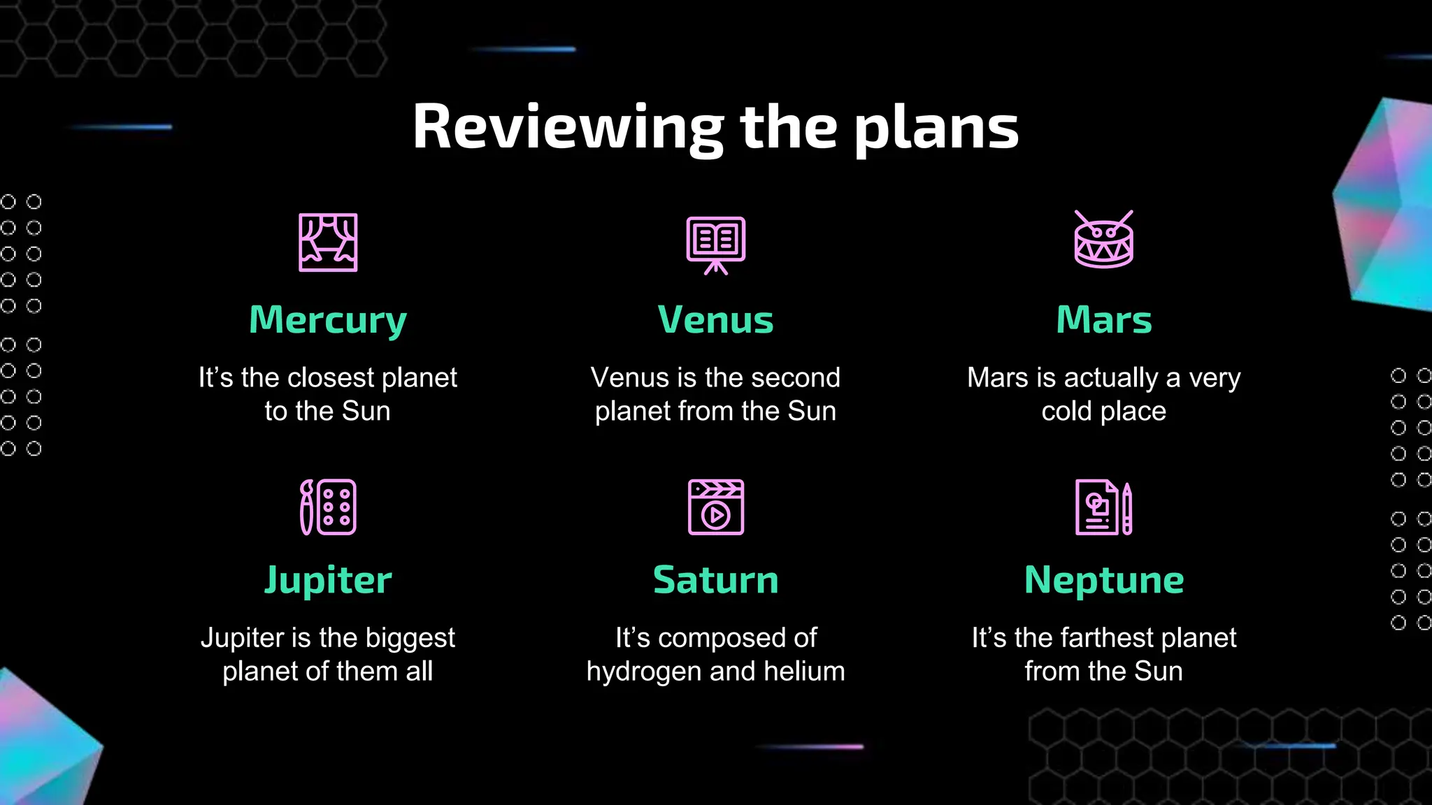 Mars is actually a very
cold place
It’s the farthest planet
from the Sun
Mars
Neptune
Reviewing the plans
Mercury
It’s the closest planet
to the Sun
Venus
Venus is the second
planet from the Sun
Jupiter
Jupiter is the biggest
planet of them all
Saturn
It’s composed of
hydrogen and helium
 