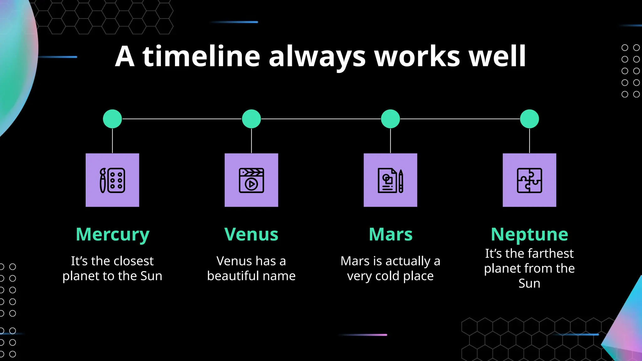 A timeline always works well
Mars is actually a
very cold place
It’s the farthest
planet from the
Sun
Mars Neptune
Mercury
It’s the closest
planet to the Sun
Venus
Venus has a
beautiful name
 