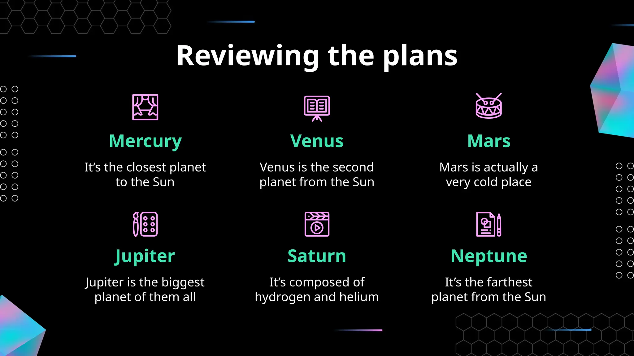 Mars is actually a
very cold place
It’s the farthest
planet from the Sun
Mars
Neptune
Reviewing the plans
Mercury
It’s the closest planet
to the Sun
Venus
Venus is the second
planet from the Sun
Jupiter
Jupiter is the biggest
planet of them all
Saturn
It’s composed of
hydrogen and helium
 