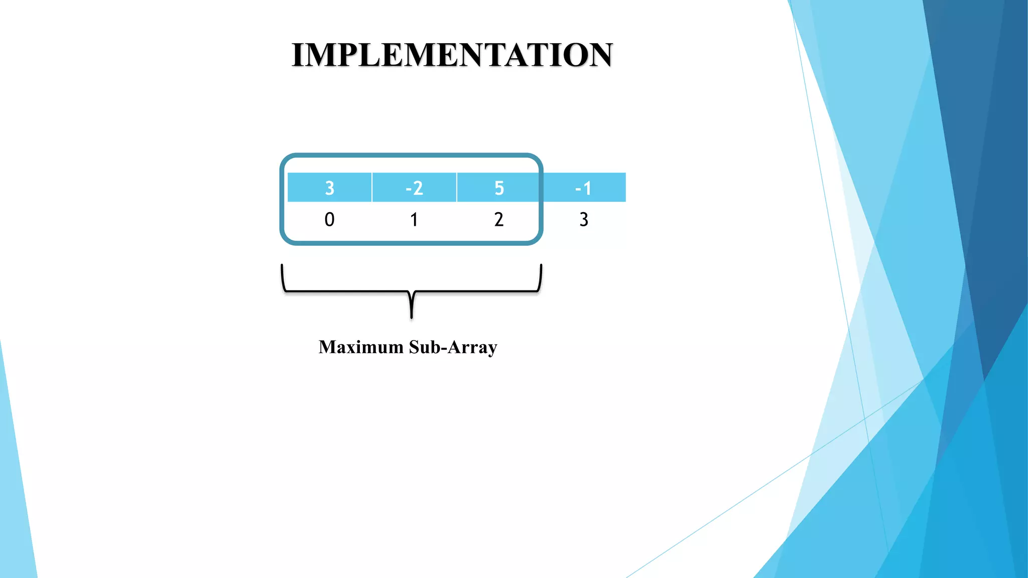 IMPLEMENTATION 3 -2 5 -1 0 1 2 3 Maximum Sub-Array 