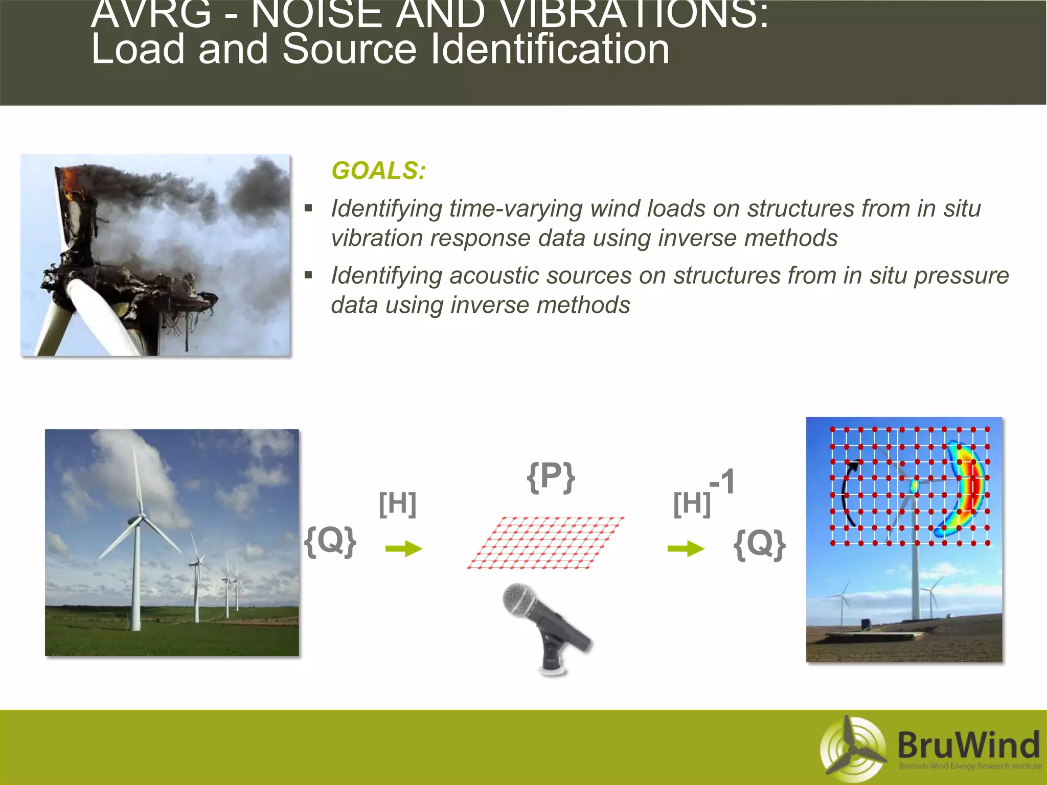 AVRG - NOISE AND VIBRATIONS:
Load and Source Identification

           GOALS:
          Identifying time-varying wind loads on structures from in situ
           vibration response data using inverse methods
          Identifying acoustic sources on structures from in situ pressure
           data using inverse methods




                              {P}              -1
                [H]                        [H]
         {Q}                                     {Q}
 