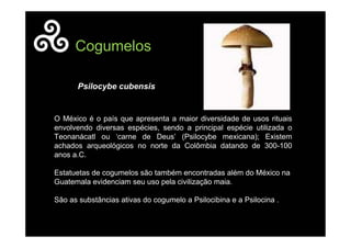 O México é o país que apresenta a maior diversidade de usos rituais
envolvendo diversas espécies, sendo a principal espécie utilizada o
Teonanácatl ou ‘carne de Deus’ (Psilocybe mexicana); Existem
achados arqueológicos no norte da Colômbia datando de 300-100
anos a.C.
Estatuetas de cogumelos são também encontradas além do México na
Guatemala evidenciam seu uso pela civilização maia.
São as substâncias ativas do cogumelo a Psilocibina e a Psilocina .
Cogumelos
Psilocybe cubensis
 