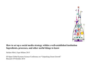 How to set up a social media strategy within a well-established institution
Ingredients, processes, and other useful things to know
Stefano Mirti, Expo Milano 2015
III Open Global Systems Science Conference on “Unpacking Green Growth”
Brussels 8/9 October 2014
 