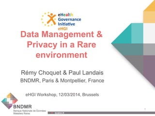 bndmr.fr bndmr.fr
Data Management &
Privacy in a Rare
environment
Rémy Choquet & Paul Landais
BNDMR, Paris & Montpellier, France
eHGI Workshop, 12/03/2014, Brussels
1
 