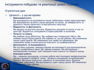 Стратегічна ідея
• Цінності – у що ми віримо
– Відповідальність
Ми відповідальні за дотримання наших зобов’язань перед користувачами.
Ми відповідальні за якість наших ресурсів та послуг, за комфортність та
дружність нашого фізичного та віртуального простору
– Відкритість та Доступність
Ми відкриті та доступні для всіх. Відкритість ресурсів та послуг в часі та
просторі. Відкритість спілкування із користувачами та колегами
– Почуття та повага
Ми любимо нашу Бібліотеку. Ми любимо наш Університет/ Місто. Ми
любимо наших Користувачів. Ми любимо те, що ми робимо. Ми поважаємо
наших користувачів. Ми поважаємо їхнє право на інформацію. Ми
поважаємо права інтелектуальної власності та конфіденційності
– Досконалість та Інноваційність
Ми постійно шукаємо і використовуємо всі можливості для вдосконалення
нашого професійного рівня. Ми завжди вчимося. Ми досліджуємо і
впроваджуємо інновації, щоб покращити вже існуюче та створити краще.
– Командна робота
Ми – команда однодумців, в основу роботи якої покладені професіоналізм,
світові стандарти професії, етики, ділового спілкування та корпоративні
цінності. Ми разом вирішуємо завдання та досягаємо мети, будуючи
ефективні комунікації. Ми відповідальні один перед одним. Ми поважаємо
та довіряємо один одному.
Інструменти побудови та реалізації дієвої стратегії
 