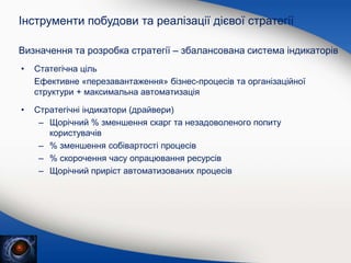 Визначення та розробка стратегії – збалансована система індикаторів
• Статегічна ціль
Ефективне «перезавантаження» бізнес-процесів та організаційної
структури + максимальна автоматизація
• Стратегічні індикатори (драйвери)
– Щорічний % зменшення скарг та незадоволеного попиту
користувачів
– % зменшення собівартості процесів
– % скорочення часу опрацювання ресурсів
– Щорічний приріст автоматизованих процесів
Інструменти побудови та реалізації дієвої стратегії
 