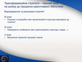 Впровадження та реалізація стратегії
Трансформаційна стратегія – перший крок
на шляху до процесно-орієнтованої бібліотеки
ІІІ етап
• Рішення та розробка змін організаційної структури відповідно до
стратегії
ІV етап
• Проведення необхідних змін (організаційна структура, кадри…)
V етап
• Виконання проектів/ програм/ планів
 