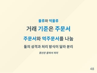 물류와역물류
거래기준은주문서
주문서와역주문서를나눔
둘의성격과 처리방식이달라분리
정산은 합쳐서 처리
48
 