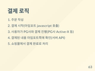 결제로직
1. 주문 작성
2. 결제 시작(아임포트 javascript 호출)
3. 사용자가 PG사와 결제 진행(PG사 Active-X 등)
4. 결제된 내용 아임포트쪽에 확인(서버 API)
5. 쇼핑몰에서 결제 완료로 처리
63
 