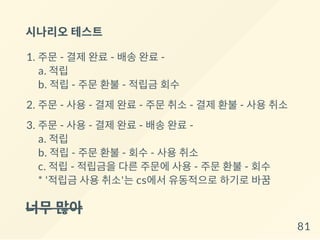시나리오테스트
1. 주문 - 결제 완료 - 배송 완료 -
a. 적립
b. 적립 - 주문 환불 - 적립금 회수
2. 주문 - 사용 - 결제 완료 - 주문 취소 - 결제 환불 - 사용 취소
3. 주문 - 사용 - 결제 완료 - 배송 완료 -
a. 적립
b. 적립 - 주문 환불 - 회수 - 사용 취소
c. 적립 - 적립금을 다른 주문에 사용 - 주문 환불 - 회수
* '적립금 사용 취소'는 cs에서 유동적으로 하기로 바꿈
너무많아
81
 