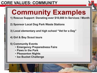 CORE VALUES: COMMUNITY 
1) Rescue Support: Donating over $10,000 In Services / Month 
2) Sponsor Local Dog Park Waste Stations 
3) Local elementary and high school “Vet for a Day” 
4) Girl & Boy Scout tours 
5) Community Events 
• Emergency Preparedness Faire 
• Paws In the Park 
• Pleasanton Nights 
• Ice Bucket Challenge 
 
