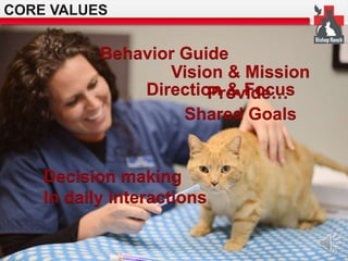 CORE VALUES 
Behavior Guide 
Vision & Mission 
DirectioPnr o&v Fidoec…us 
Shared Goals 
Decision making 
In daily interactions 
 