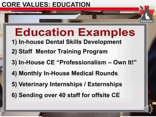 CORE VALUES: EDUCATION 
1) In-house Dental Skills Development 
2) Staff Mentor Training Program 
3) In-House CE “Professionalism – Own It!” 
4) Monthly In-House Medical Rounds 
5) Veterinary Internships / Externships 
6) Sending over 40 staff for offsite CE 
 