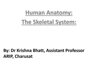 By: Dr Krishna Bhatt, Assistant Professor
ARIP, Charusat
Human Anatomy:
The Skeletal System:
 