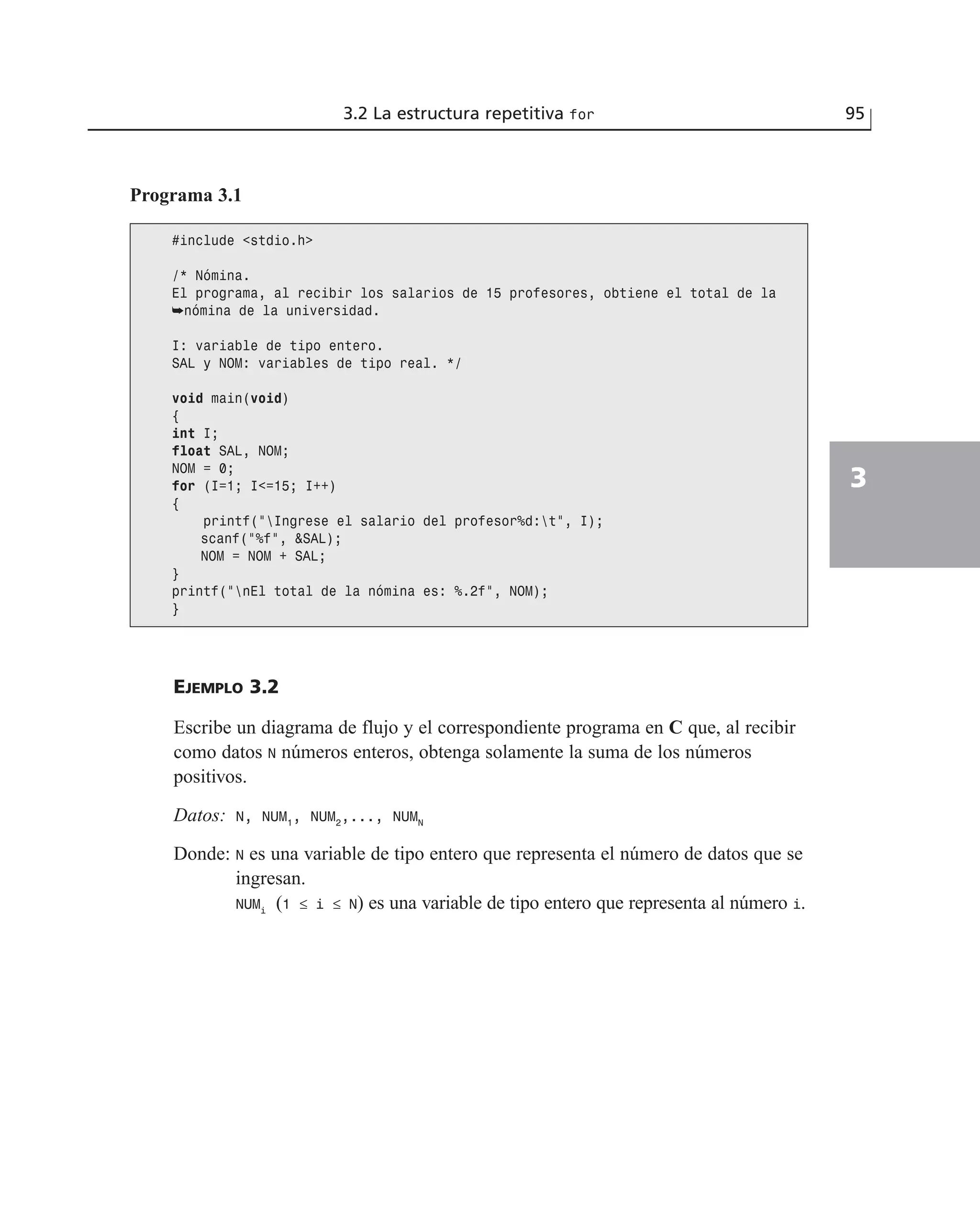 EJEMPLO 3.2
Escribe un diagrama de flujo y el correspondiente programa en C que, al recibir
como datos N números enteros, obtenga solamente la suma de los números
positivos.
Datos: N, NUM1
, NUM2
,..., NUMN
Donde: N es una variable de tipo entero que representa el número de datos que se
ingresan.
NUMi
(1 ≤ i ≤ N) es una variable de tipo entero que representa al número i.
3.2 La estructura repetitiva for 95
3
Programa 3.1
#include <stdio.h>
/* Nómina.
El programa, al recibir los salarios de 15 profesores, obtiene el total de la
➥nómina de la universidad.
I: variable de tipo entero.
SAL y NOM: variables de tipo real. */
void main(void)
{
int I;
float SAL, NOM;
NOM = 0;
for (I=1; I<=15; I++)
{
printf(“Ingrese el salario del profesor%d:t”, I);
scanf(“%f”, &SAL);
NOM = NOM + SAL;
}
printf(“nEl total de la nómina es: %.2f”, NOM);
}
 