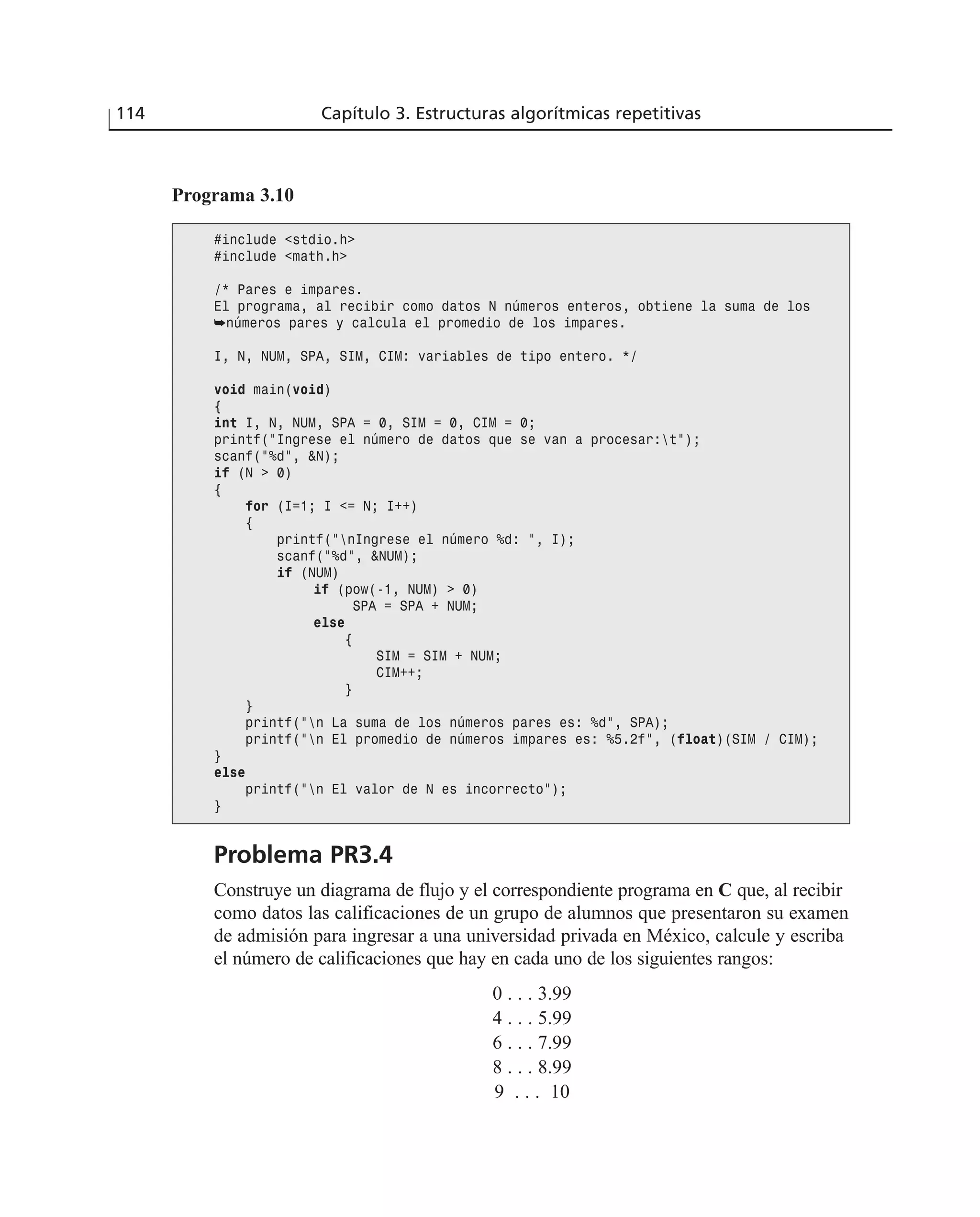114 Capítulo 3. Estructuras algorítmicas repetitivas
Programa 3.10
#include <stdio.h>
#include <math.h>
/* Pares e impares.
El programa, al recibir como datos N números enteros, obtiene la suma de los
➥números pares y calcula el promedio de los impares.
I, N, NUM, SPA, SIM, CIM: variables de tipo entero. */
void main(void)
{
int I, N, NUM, SPA = 0, SIM = 0, CIM = 0;
printf(“Ingrese el número de datos que se van a procesar:t”);
scanf(“%d”, &N);
if (N > 0)
{
for (I=1; I <= N; I++)
{
printf(“nIngrese el número %d: ”, I);
scanf(“%d”, &NUM);
if (NUM)
if (pow(-1, NUM) > 0)
SPA = SPA + NUM;
else
{
SIM = SIM + NUM;
CIM++;
}
}
printf(“n La suma de los números pares es: %d”, SPA);
printf(“n El promedio de números impares es: %5.2f”, (float)(SIM / CIM);
}
else
printf(“n El valor de N es incorrecto”);
}
Problema PR3.4
Construye un diagrama de flujo y el correspondiente programa en C que, al recibir
como datos las calificaciones de un grupo de alumnos que presentaron su examen
de admisión para ingresar a una universidad privada en México, calcule y escriba
el número de calificaciones que hay en cada uno de los siguientes rangos:
0 . . . 3.99
4 . . . 5.99
6 . . . 7.99
8 . . . 8.99
9 . . . 10
 