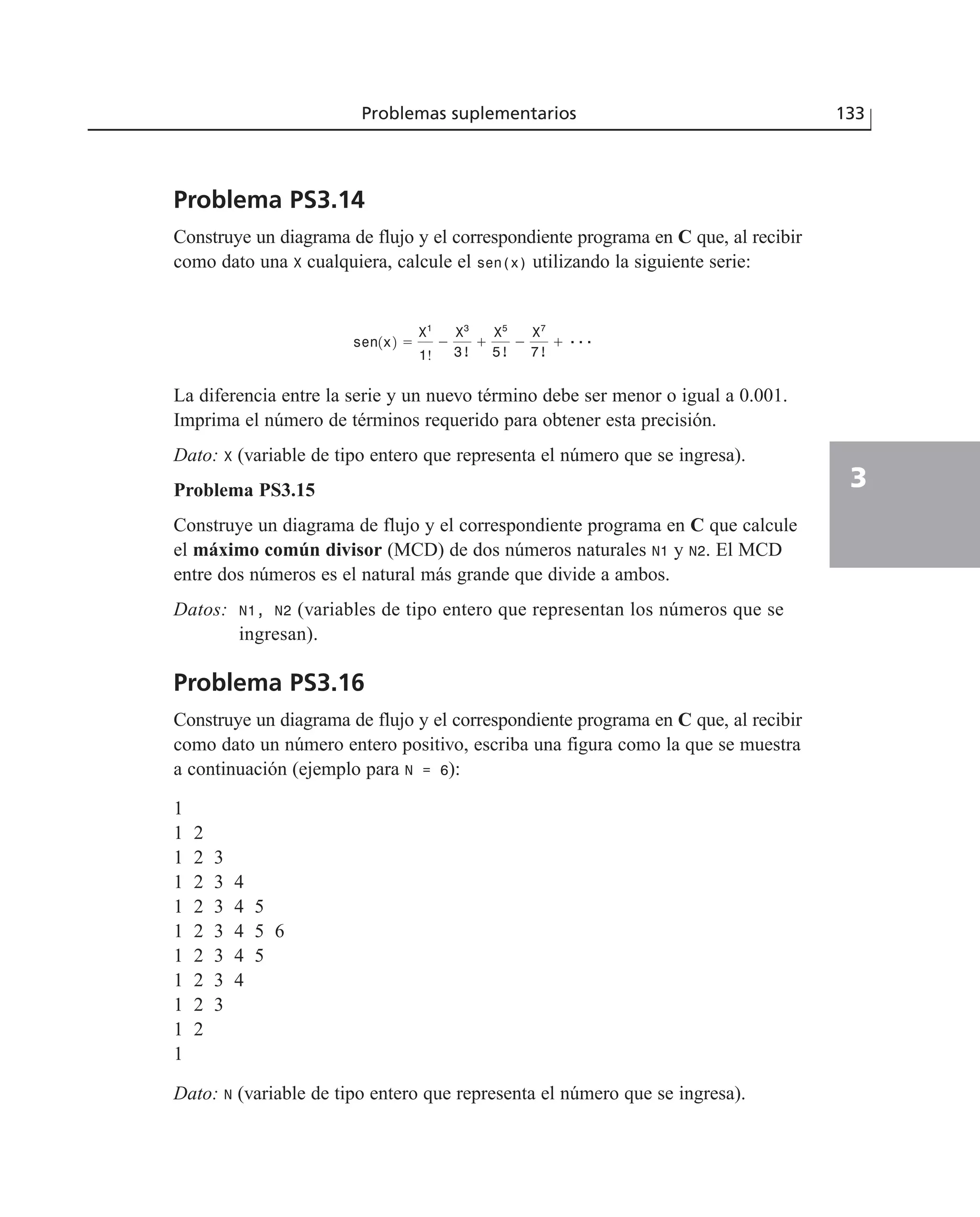 Problema PS3.14
Construye un diagrama de flujo y el correspondiente programa en C que, al recibir
como dato una X cualquiera, calcule el sen(x) utilizando la siguiente serie:
La diferencia entre la serie y un nuevo término debe ser menor o igual a 0.001.
Imprima el número de términos requerido para obtener esta precisión.
Dato: X (variable de tipo entero que representa el número que se ingresa).
Problema PS3.15
Construye un diagrama de flujo y el correspondiente programa en C que calcule
el máximo común divisor (MCD) de dos números naturales N1 y N2. El MCD
entre dos números es el natural más grande que divide a ambos.
Datos: N1, N2 (variables de tipo entero que representan los números que se
ingresan).
Problema PS3.16
Construye un diagrama de flujo y el correspondiente programa en C que, al recibir
como dato un número entero positivo, escriba una figura como la que se muestra
a continuación (ejemplo para N = 6):
1
1 2
1 2 3
1 2 3 4
1 2 3 4 5
1 2 3 4 5 6
1 2 3 4 5
1 2 3 4
1 2 3
1 2
1
Dato: N (variable de tipo entero que representa el número que se ingresa).
sen1x2 ϭ
X1
1!
Ϫ
X3
3!
ϩ
X5
5!
Ϫ
X7
7!
ϩ ...
Problemas suplementarios 133
3
 