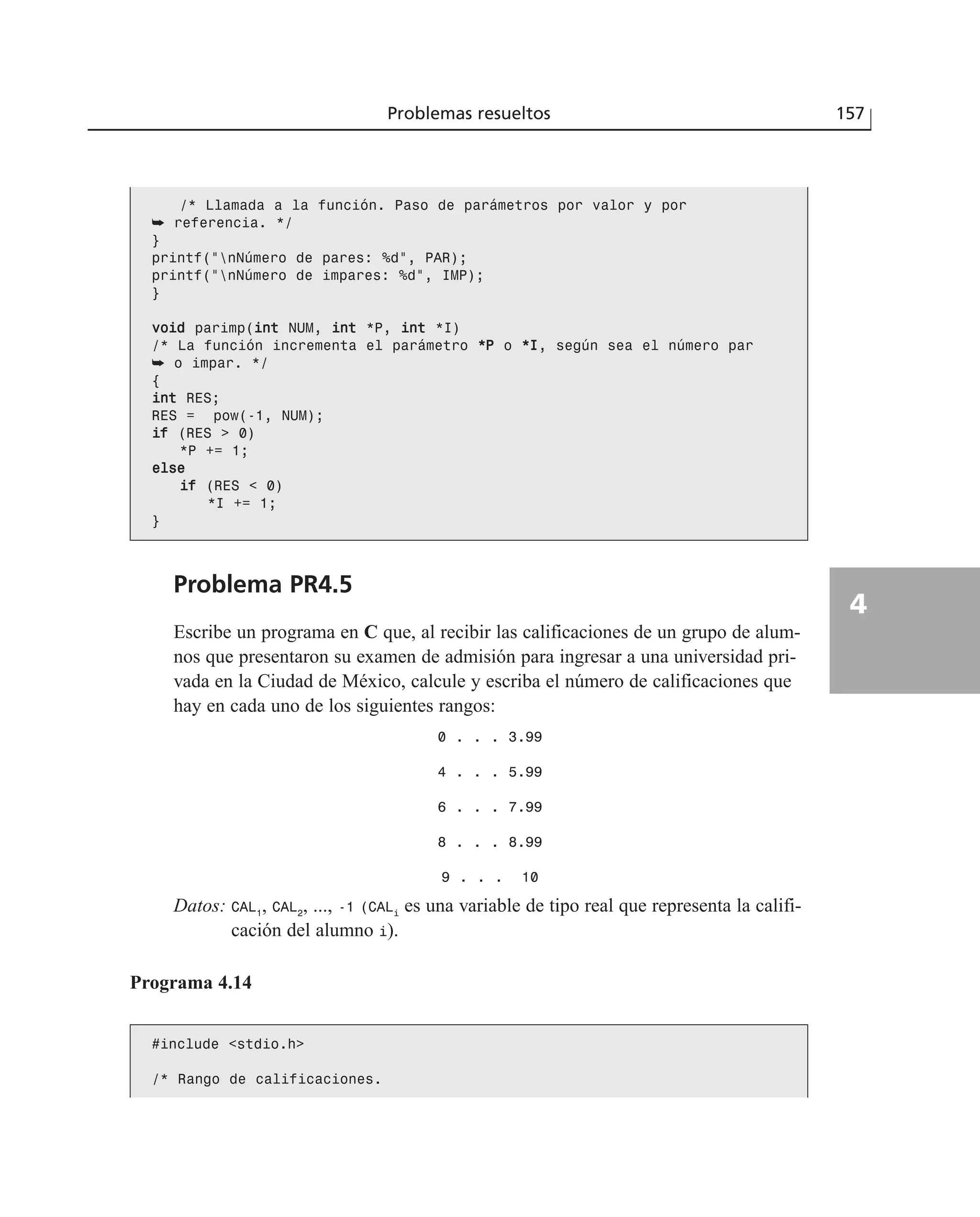 Problema PR4.5
Escribe un programa en C que, al recibir las calificaciones de un grupo de alum-
nos que presentaron su examen de admisión para ingresar a una universidad pri-
vada en la Ciudad de México, calcule y escriba el número de calificaciones que
hay en cada uno de los siguientes rangos:
0 . . . 3.99
4 . . . 5.99
6 . . . 7.99
8 . . . 8.99
9 . . . 10
Datos: CAL1
, CAL2
, ..., -1 (CALi
es una variable de tipo real que representa la califi-
cación del alumno i).
Problemas resueltos 157
4
/* Llamada a la función. Paso de parámetros por valor y por
➥ referencia. */
}
printf(“nNúmero de pares: %d”, PAR);
printf(“nNúmero de impares: %d”, IMP);
}
vvooiidd parimp(iinntt NUM, iinntt *P, iinntt *I)
/* La función incrementa el parámetro **PP o **II, según sea el número par
➥ o impar. */
{
iinntt RES;
RES = pow(-1, NUM);
iiff (RES > 0)
*P += 1;
eellssee
iiff (RES < 0)
*I += 1;
}
Programa 4.14
#include <stdio.h>
/* Rango de calificaciones.
 