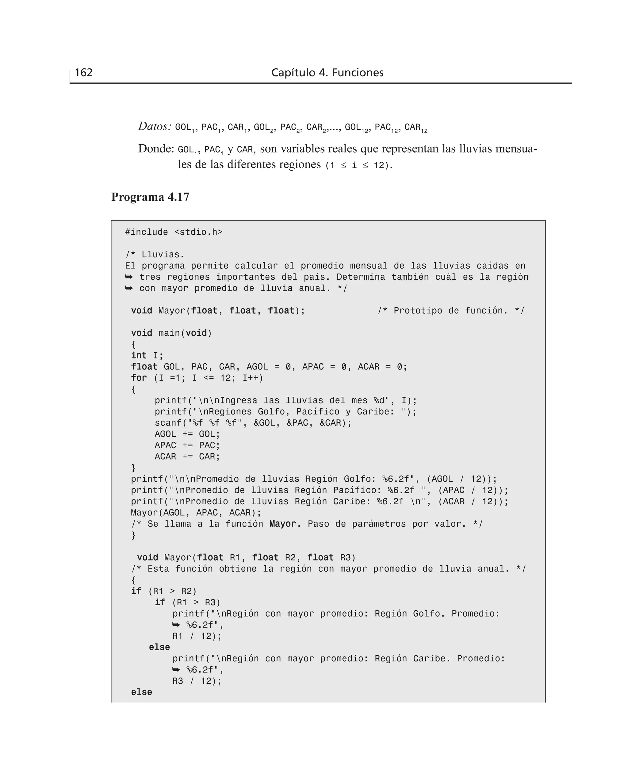 Datos: GOL1
, PAC1
, CAR1
, GOL2
, PAC2
, CAR2
,..., GOL12
, PAC12
, CAR12
Donde: GOLi
, PACi
y CARi
son variables reales que representan las lluvias mensua-
les de las diferentes regiones (1 ≤ i ≤ 12).
162 Capítulo 4. Funciones
Programa 4.17
#include <stdio.h>
/* Lluvias.
El programa permite calcular el promedio mensual de las lluvias caídas en
➥ tres regiones importantes del país. Determina también cuál es la región
➥ con mayor promedio de lluvia anual. */
vvooiidd Mayor(ffllooaatt, ffllooaatt, ffllooaatt); /* Prototipo de función. */
vvooiidd main(vvooiidd)
{
iinntt I;
ffllooaatt GOL, PAC, CAR, AGOL = 0, APAC = 0, ACAR = 0;
ffoorr (I =1; I <= 12; I++)
{
printf(“nnIngresa las lluvias del mes %d”, I);
printf(“nRegiones Golfo, Pacífico y Caribe: “);
scanf(“%f %f %f”, &GOL, &PAC, &CAR);
AGOL += GOL;
APAC += PAC;
ACAR += CAR;
}
printf(“nnPromedio de lluvias Región Golfo: %6.2f”, (AGOL / 12));
printf(“nPromedio de lluvias Región Pacífico: %6.2f “, (APAC / 12));
printf(“nPromedio de lluvias Región Caribe: %6.2f n”, (ACAR / 12));
Mayor(AGOL, APAC, ACAR);
/* Se llama a la función MMaayyoorr. Paso de parámetros por valor. */
}
vvooiidd Mayor(ffllooaatt R1, ffllooaatt R2, ffllooaatt R3)
/* Esta función obtiene la región con mayor promedio de lluvia anual. */
{
iiff (R1 > R2)
iiff (R1 > R3)
printf(“nRegión con mayor promedio: Región Golfo. Promedio:
➥ %6.2f”,
R1 / 12);
eellssee
printf(“nRegión con mayor promedio: Región Caribe. Promedio:
➥ %6.2f”,
R3 / 12);
eellssee
 
